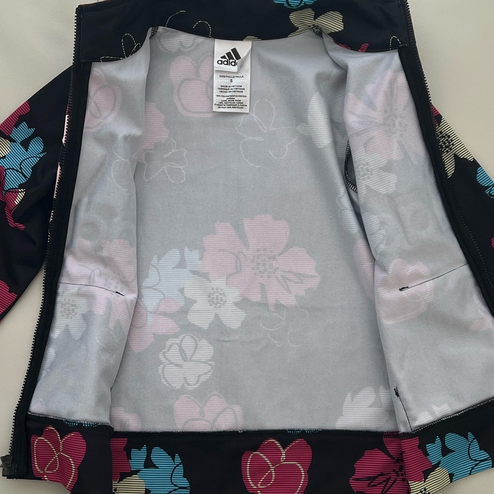 Size 5 Kids Adidas Black Jacket with Multicolor Floral Design - Picture 7 of 8